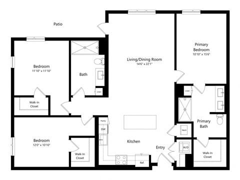 Floor plan for 3 beds, 2 baths, 1500 sqft